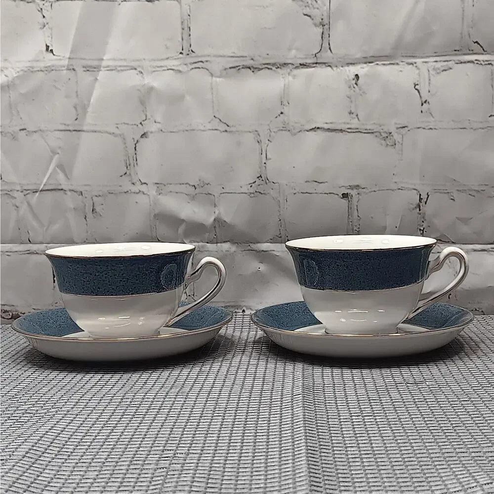 NIKKO Double Phoenix Ironstone Riviera Slate Blue Set of 2 Teacups & Saucers